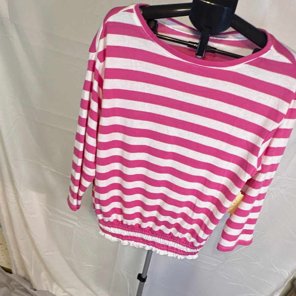 St. John's Bay Women's Petite PXL Pink White Striped Knit Crewneck Sweater